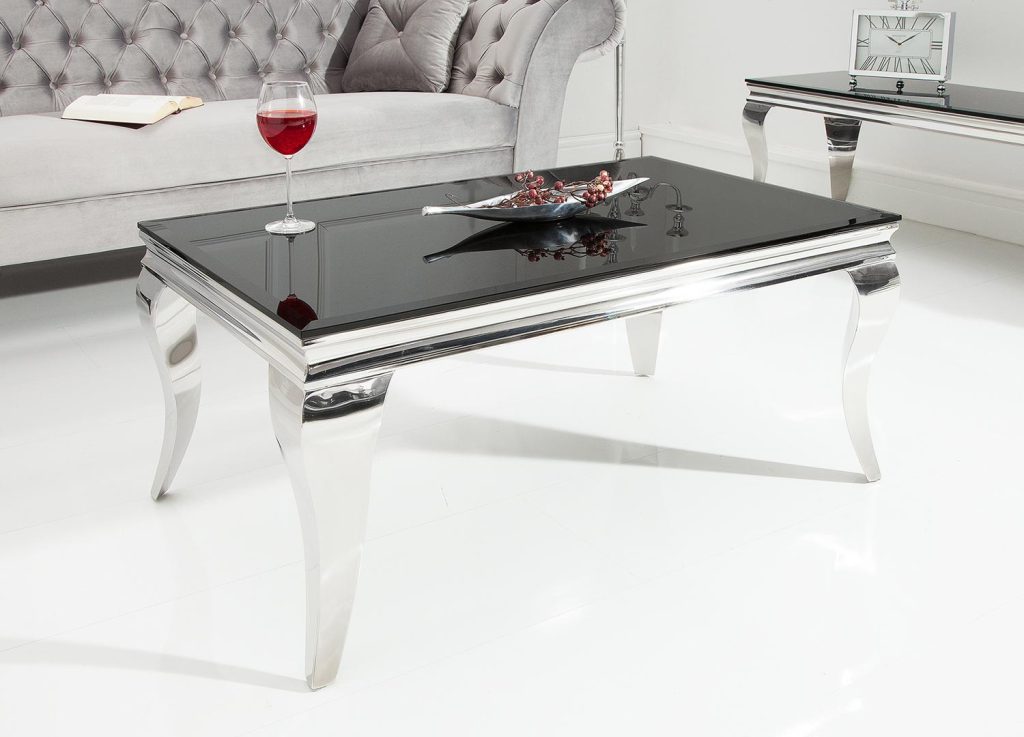 Table basse baroque verre opale noir et pied en acier poli