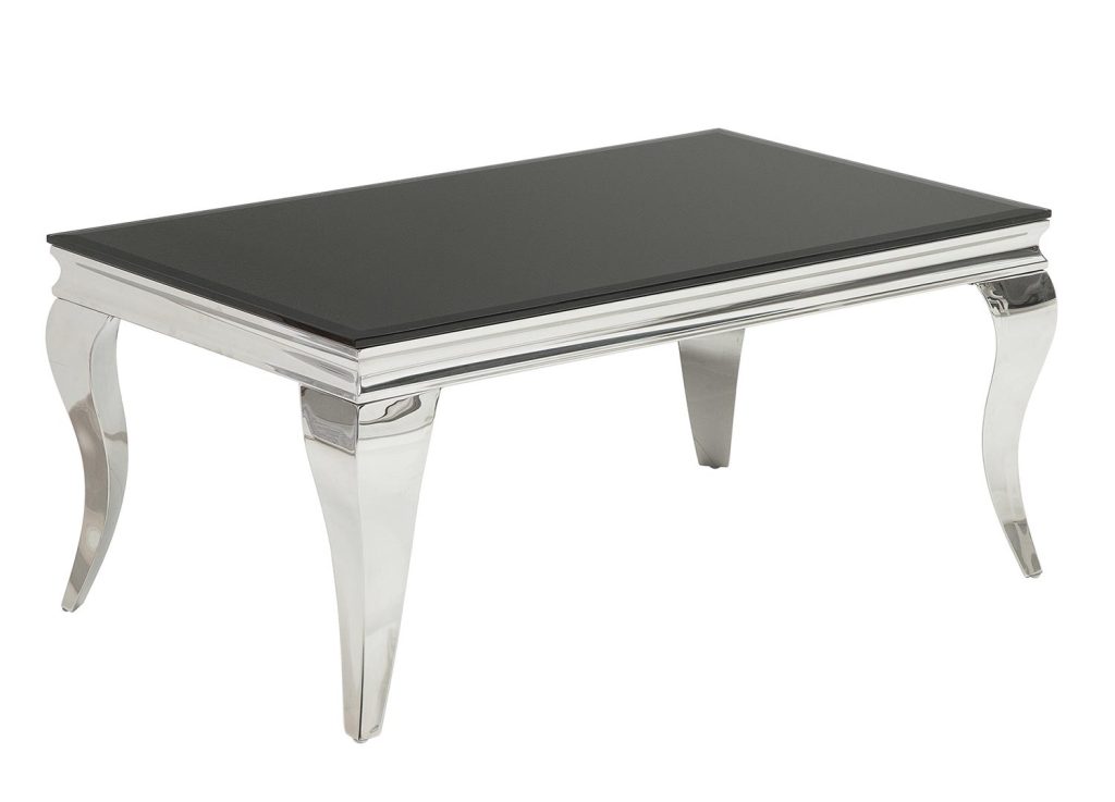 Table basse baroque verre opale noir et pied en acier poli