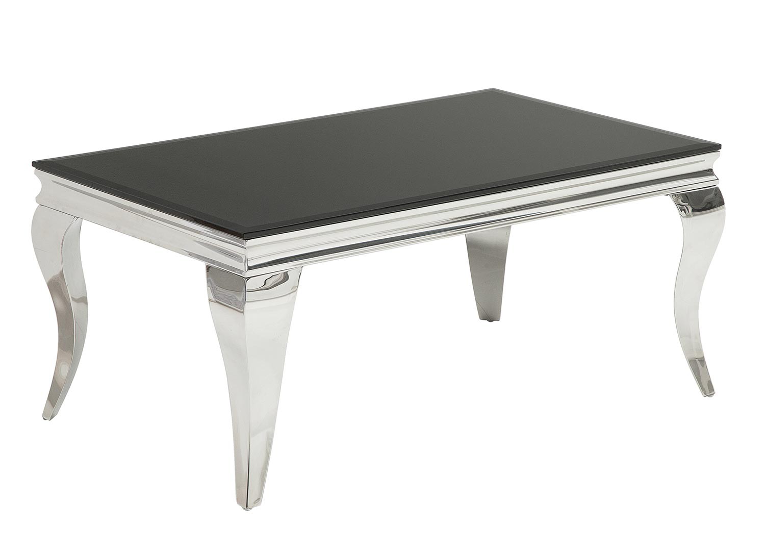 Table basse baroque verre opale noir et pied en acier poli
