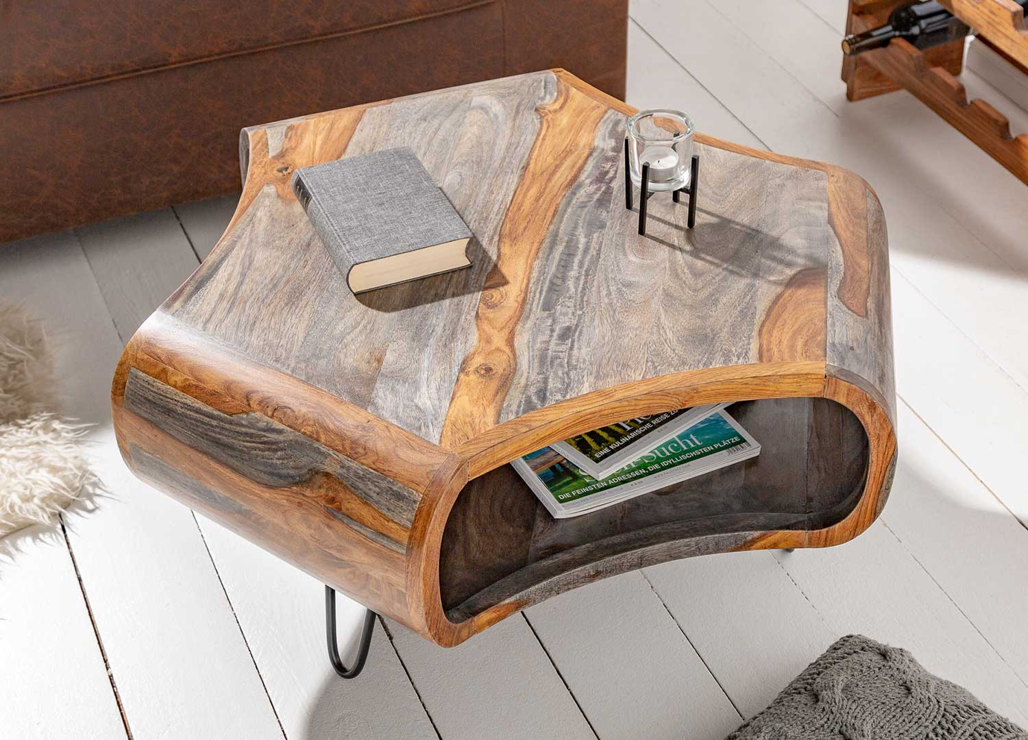 Table basse bois de sesham gris et naturel