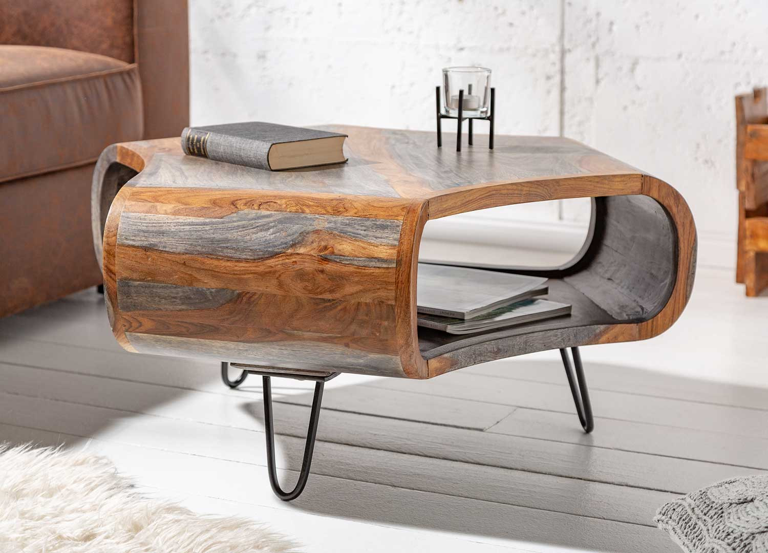Table basse bois de sesham gris et naturel