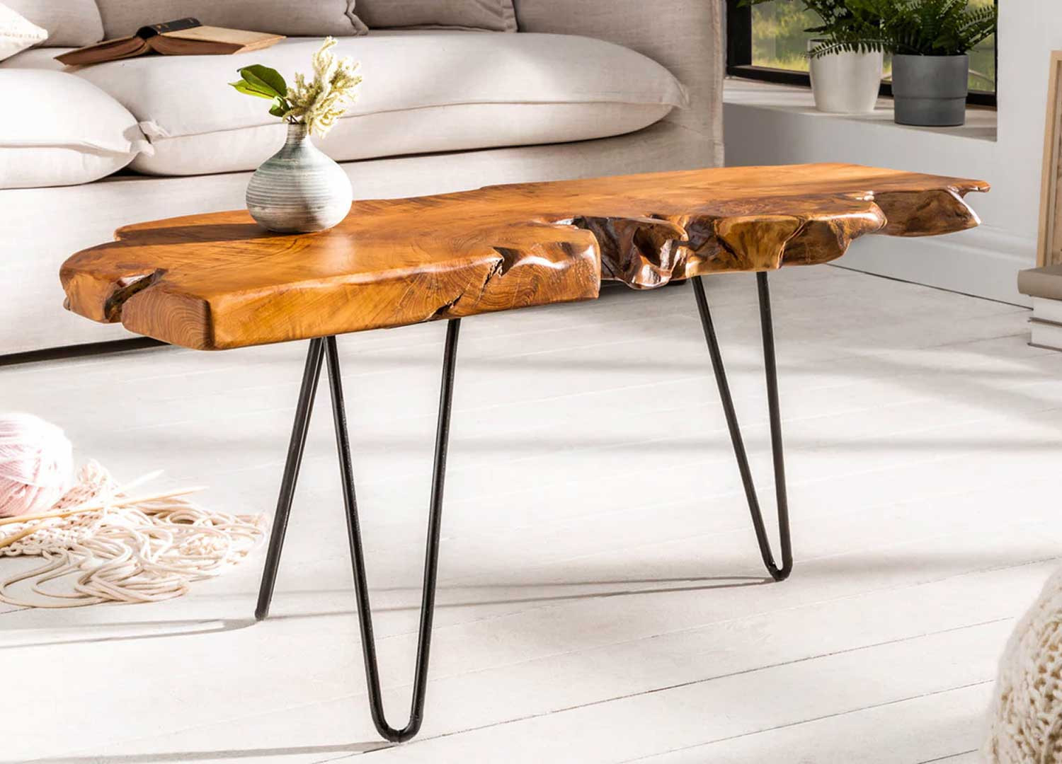 Table basse bois de teck et métal 100 cm