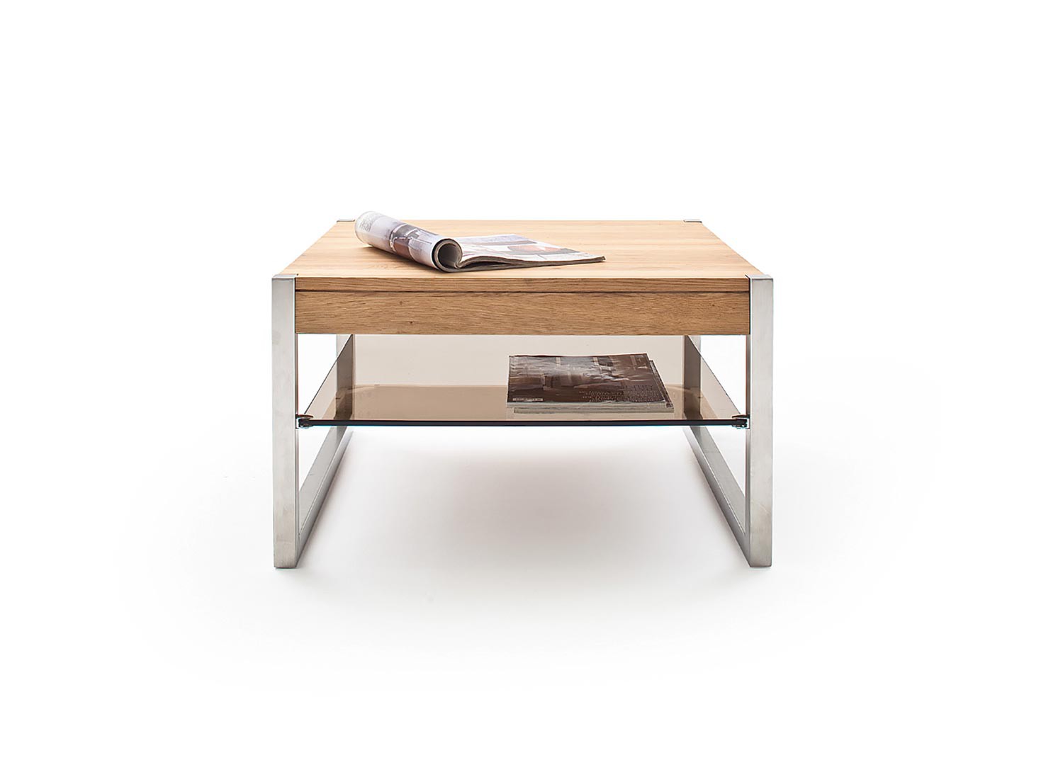 Table basse carrée bois massif et étagère en verre
