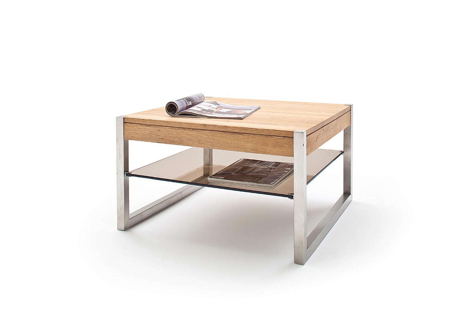 Table basse carrée bois massif et étagère en verre