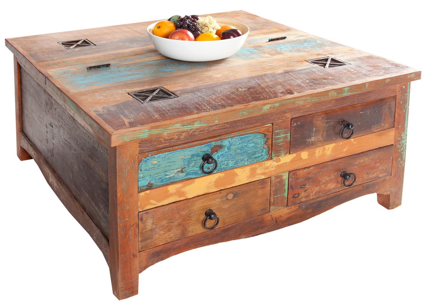Table basse carrée bois massif recyclé coloré plateau relevable et 4 tiroirs