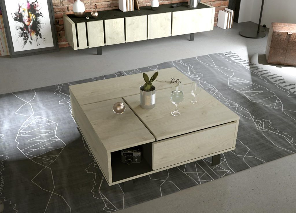 Table basse carrée plateau relevable chêne et pieds métal noir
