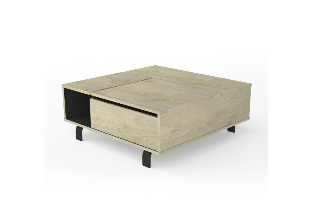 Table basse carrée plateau relevable chêne et pieds métal noir