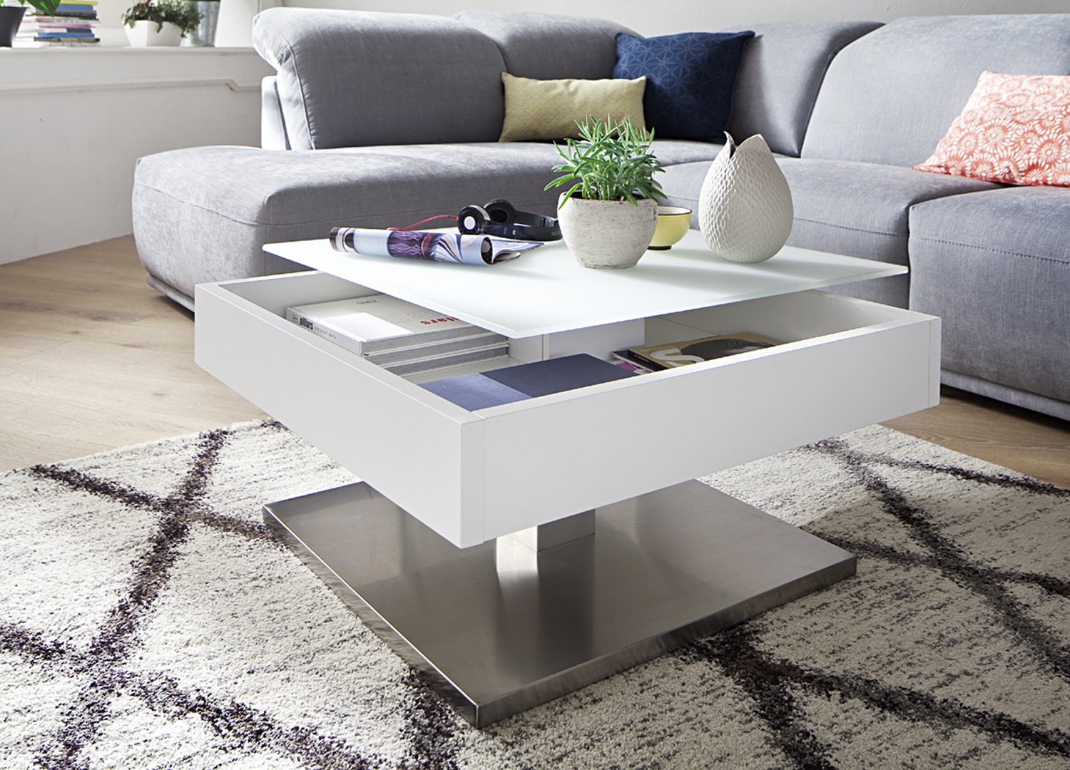 Table basse carrée plateau verre blanc rotatif