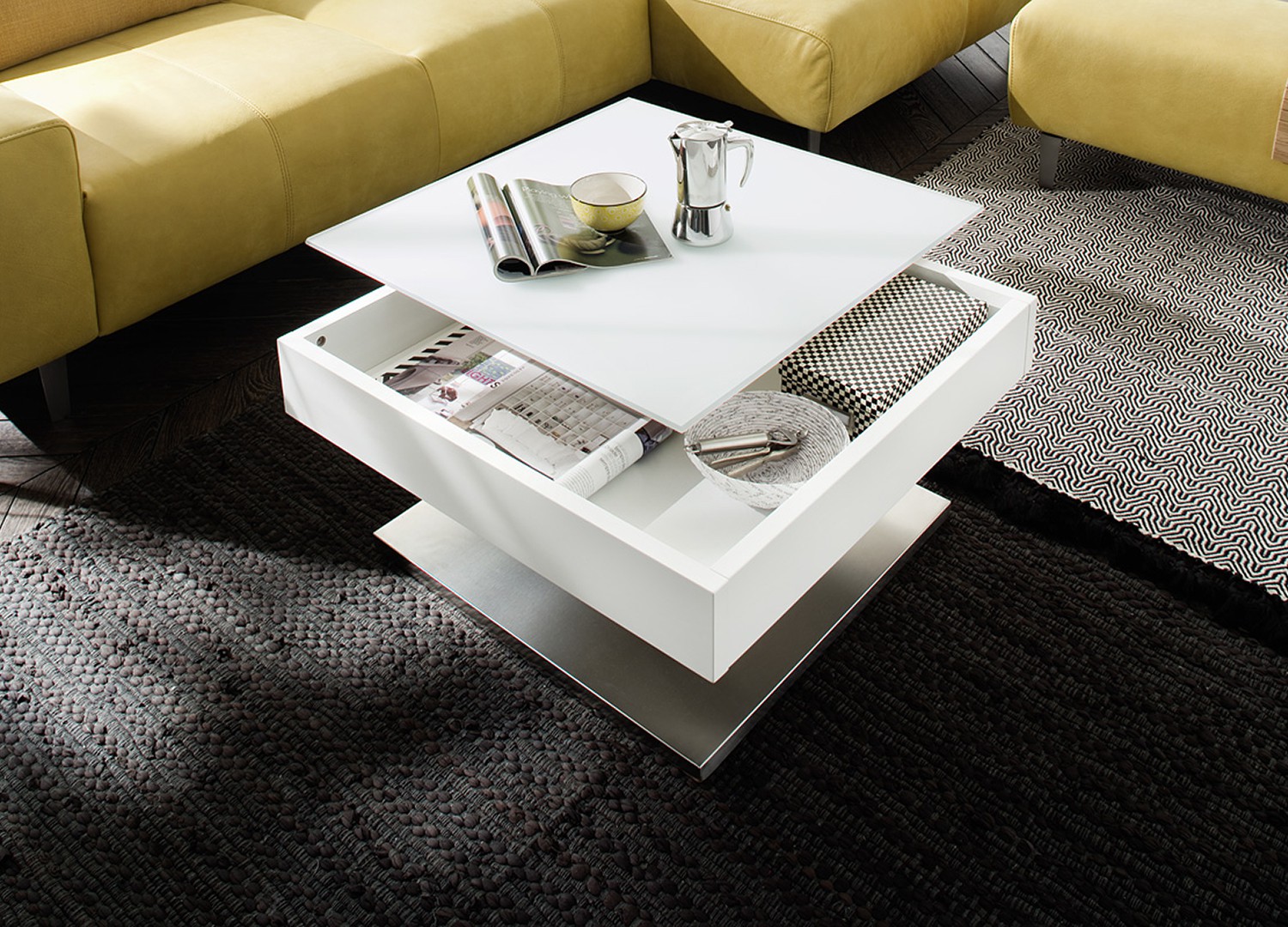 Table basse carrée plateau verre blanc rotatif