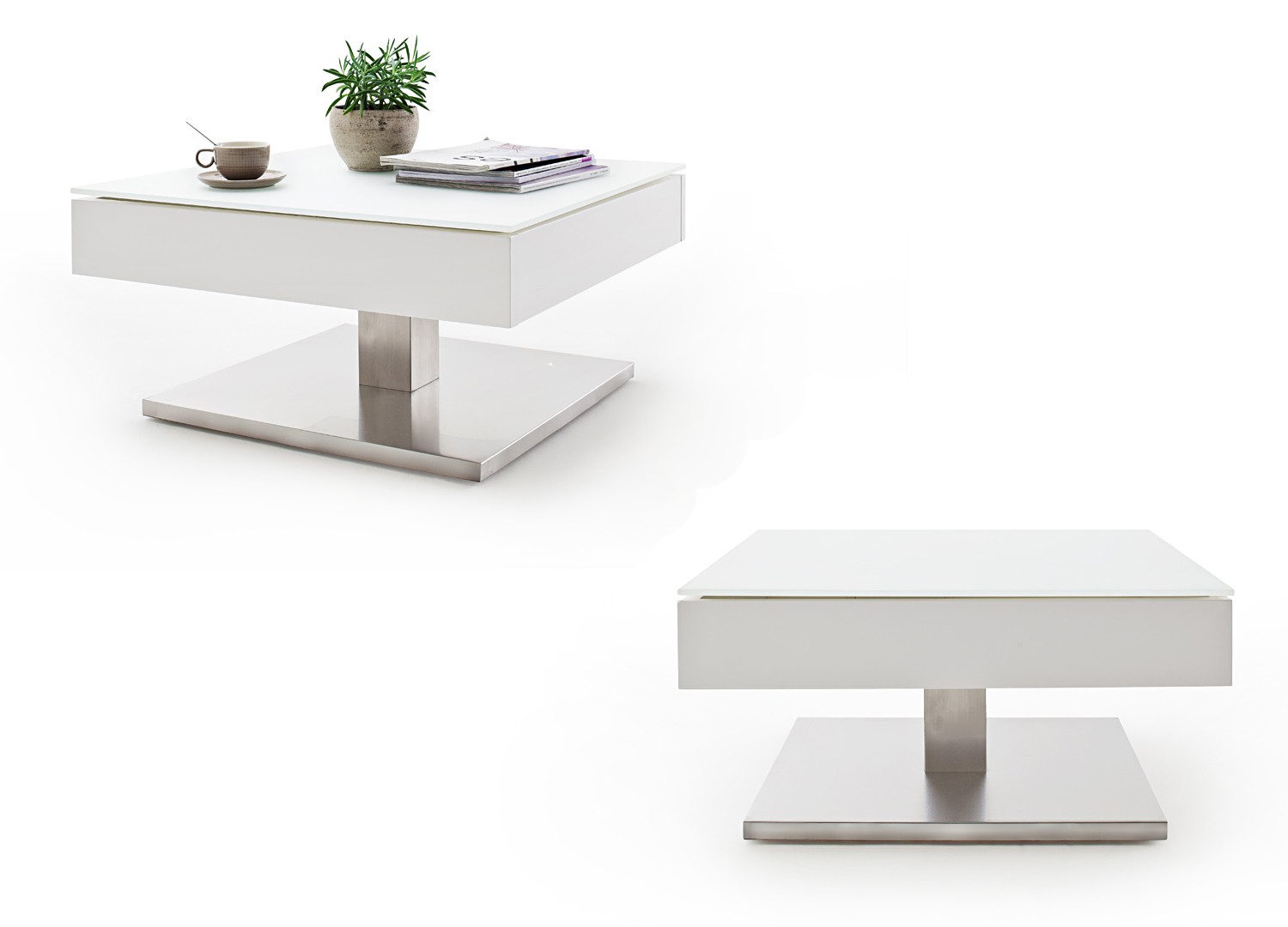 Table basse carrée plateau verre blanc rotatif