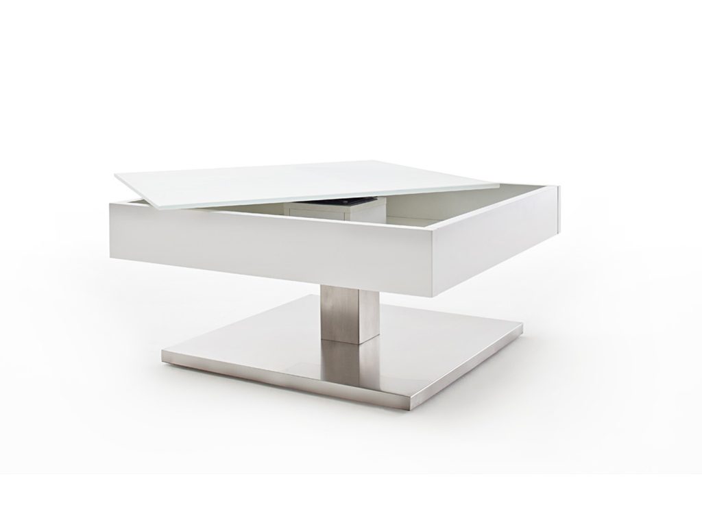 Table basse carrée plateau verre blanc rotatif