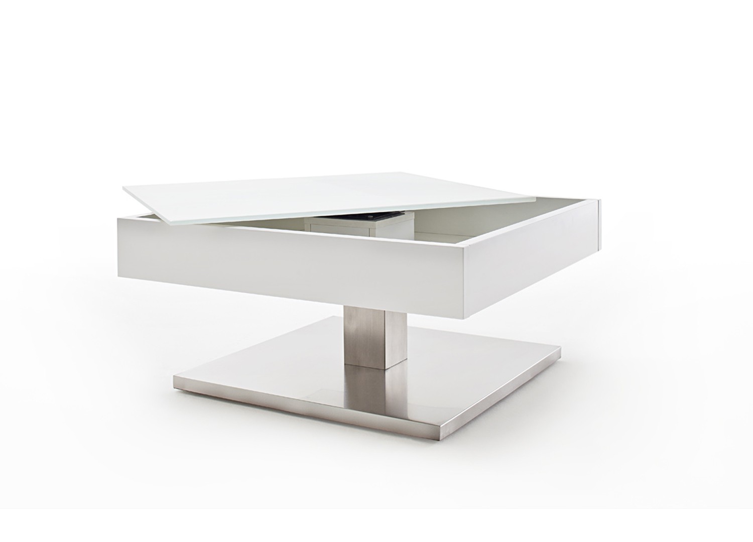 Table basse carrée plateau verre blanc rotatif