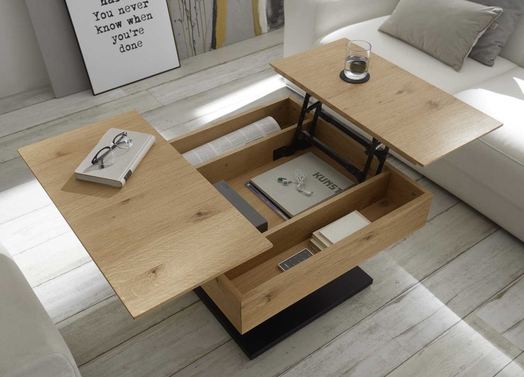 Table basse carrée plateaux relevables chêne et noir Ashton