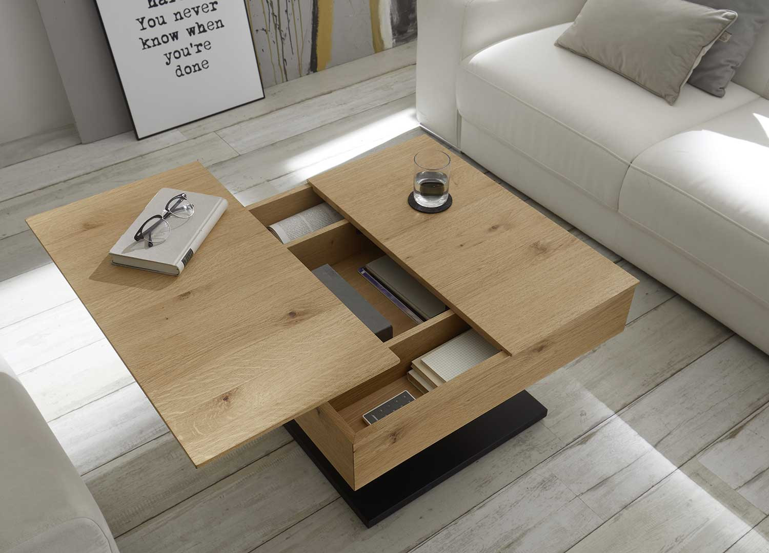 Table basse carrée plateaux relevables chêne et noir Ashton