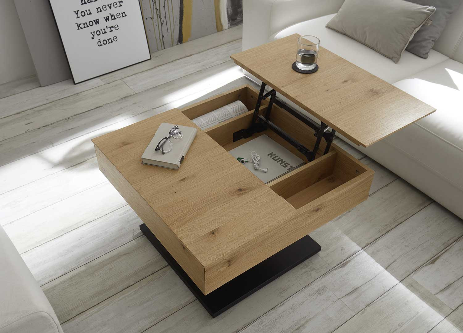 Table basse carrée plateaux relevables chêne et noir Ashton