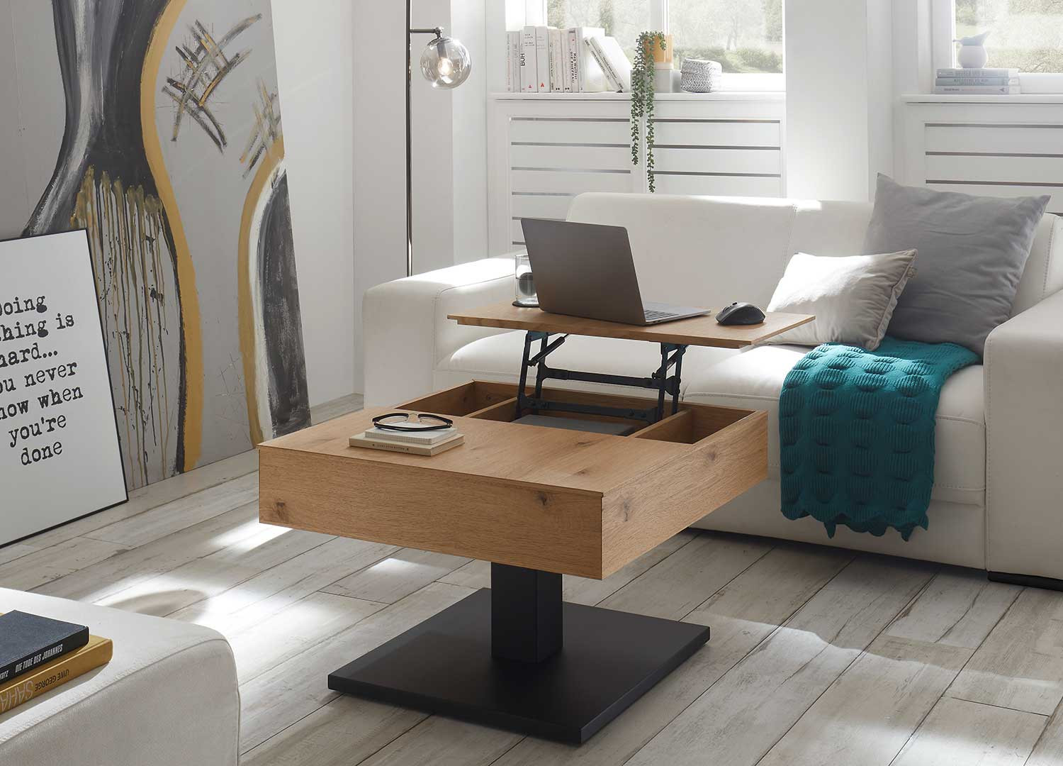 Table basse carrée plateaux relevables chêne et noir Ashton