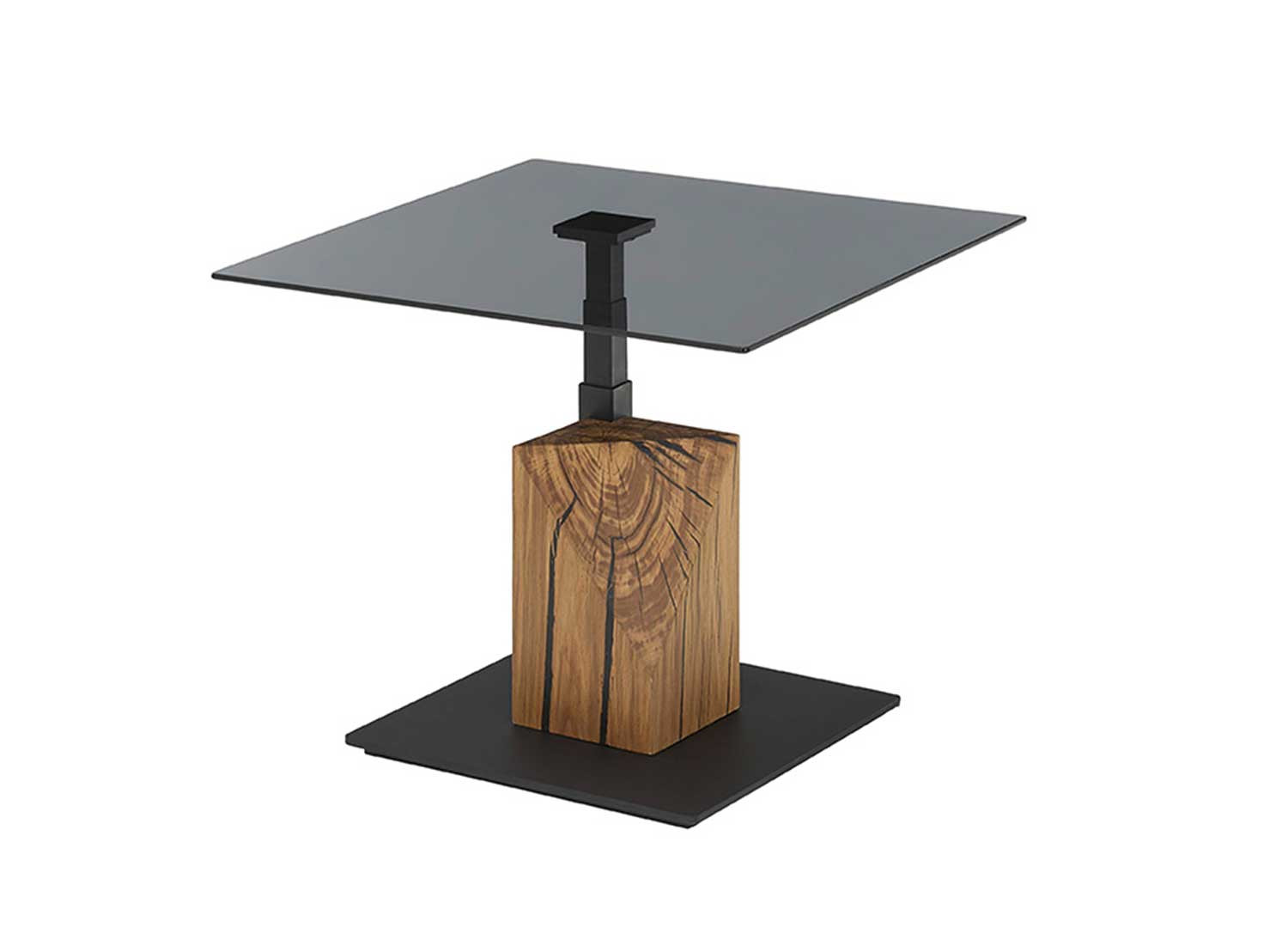 Table basse carrée relevable verre gris et bois massif Balsta