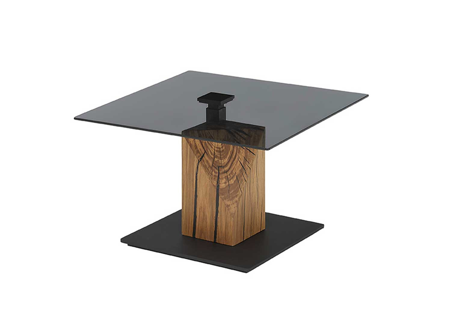 Table basse carrée relevable verre gris et bois massif Balsta