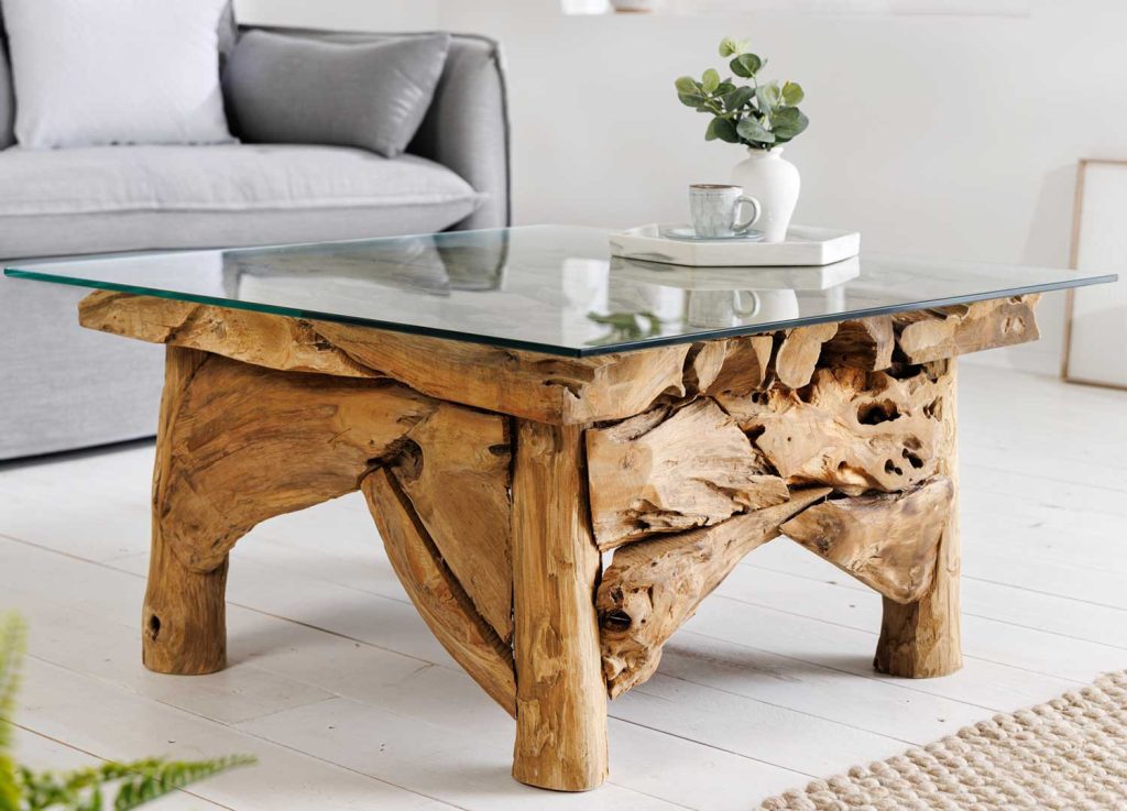Table basse carrée teck et verre 80 cm