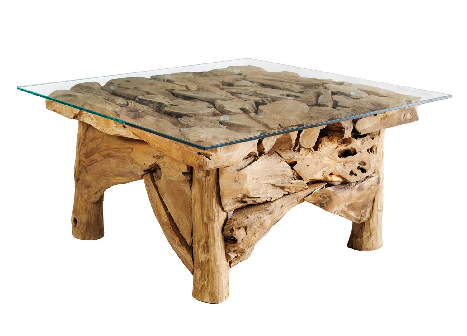 Table basse carrée teck et verre 80 cm