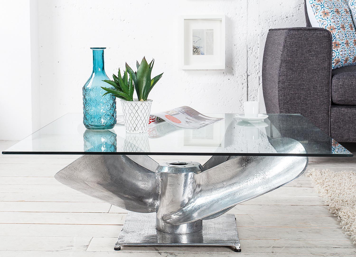 Table basse carrée verre et argent
