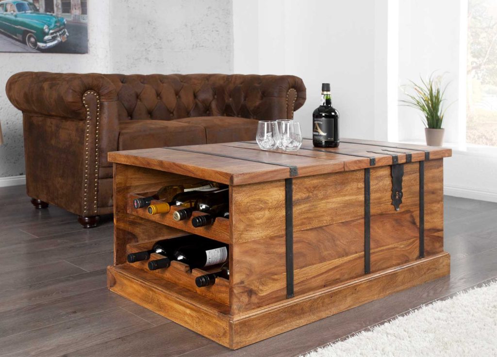 Table basse coffre de bar en bois massif 100 cm