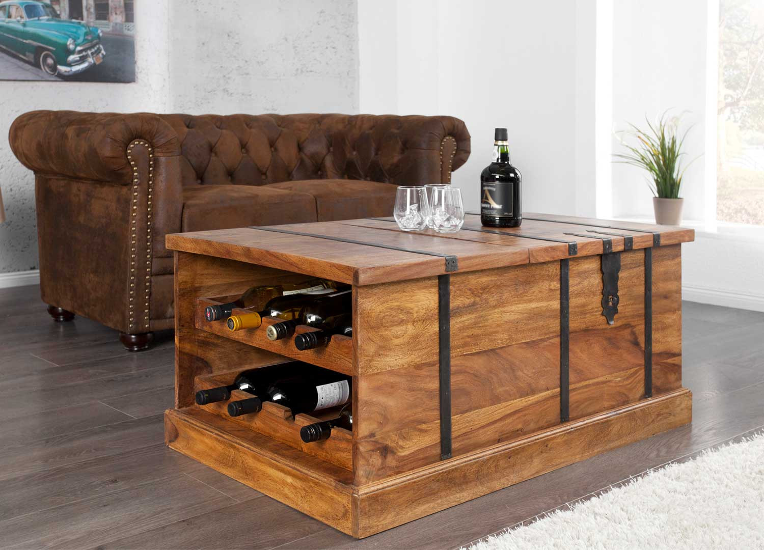 Table basse coffre de bar en bois massif 100 cm