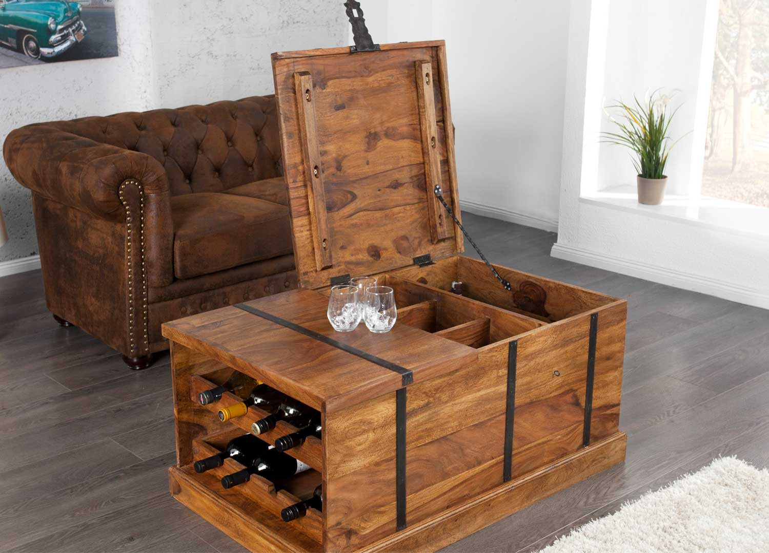 Table basse coffre de bar en bois massif 100 cm