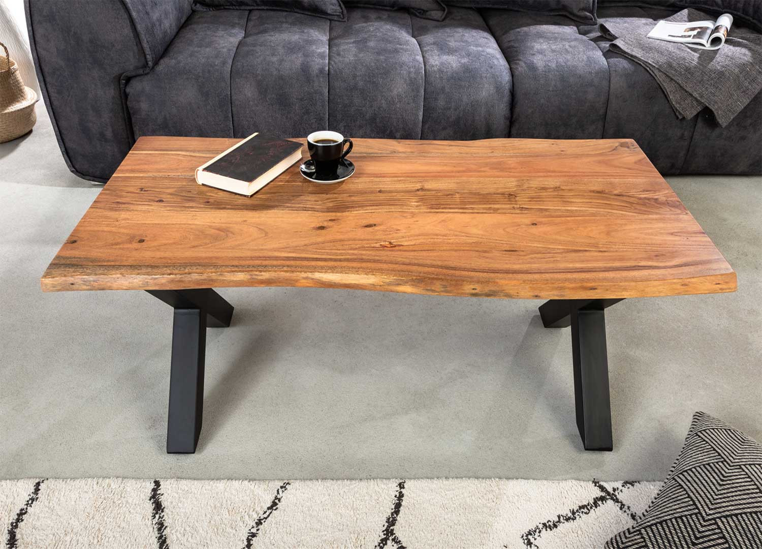 Table basse de salon 120 cm acacia miel et métal noir