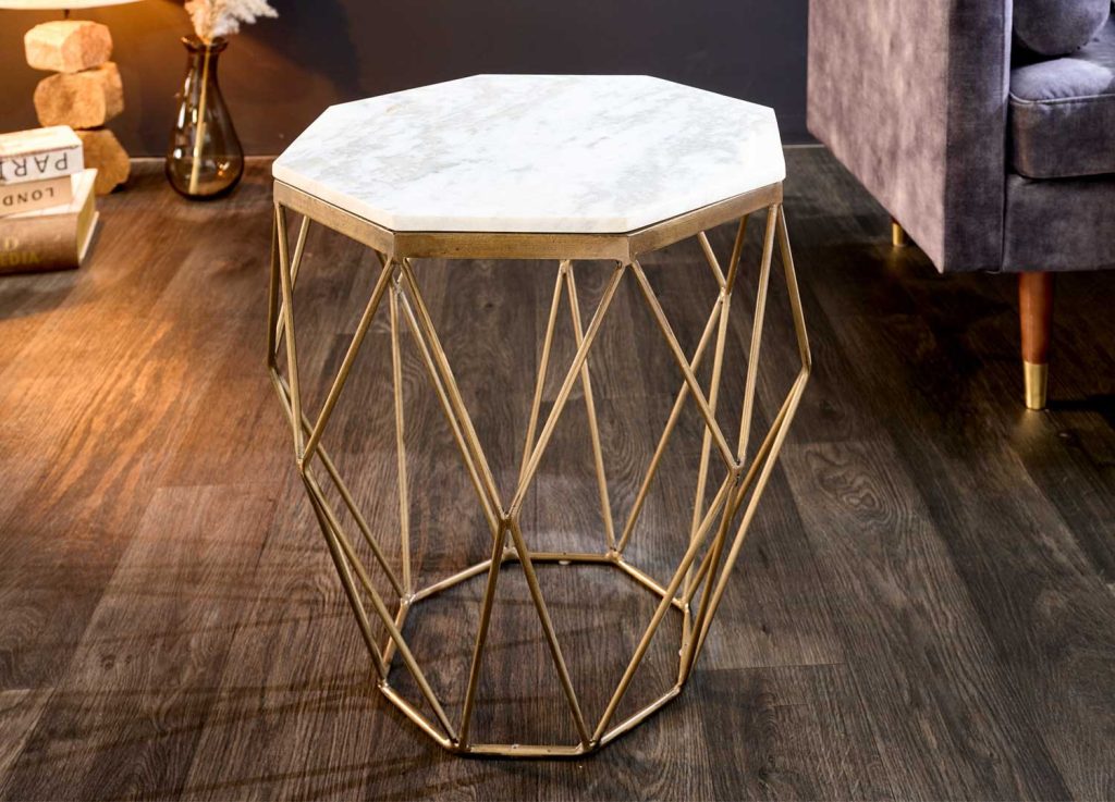 Table basse de salon fer doré et marbre blanc