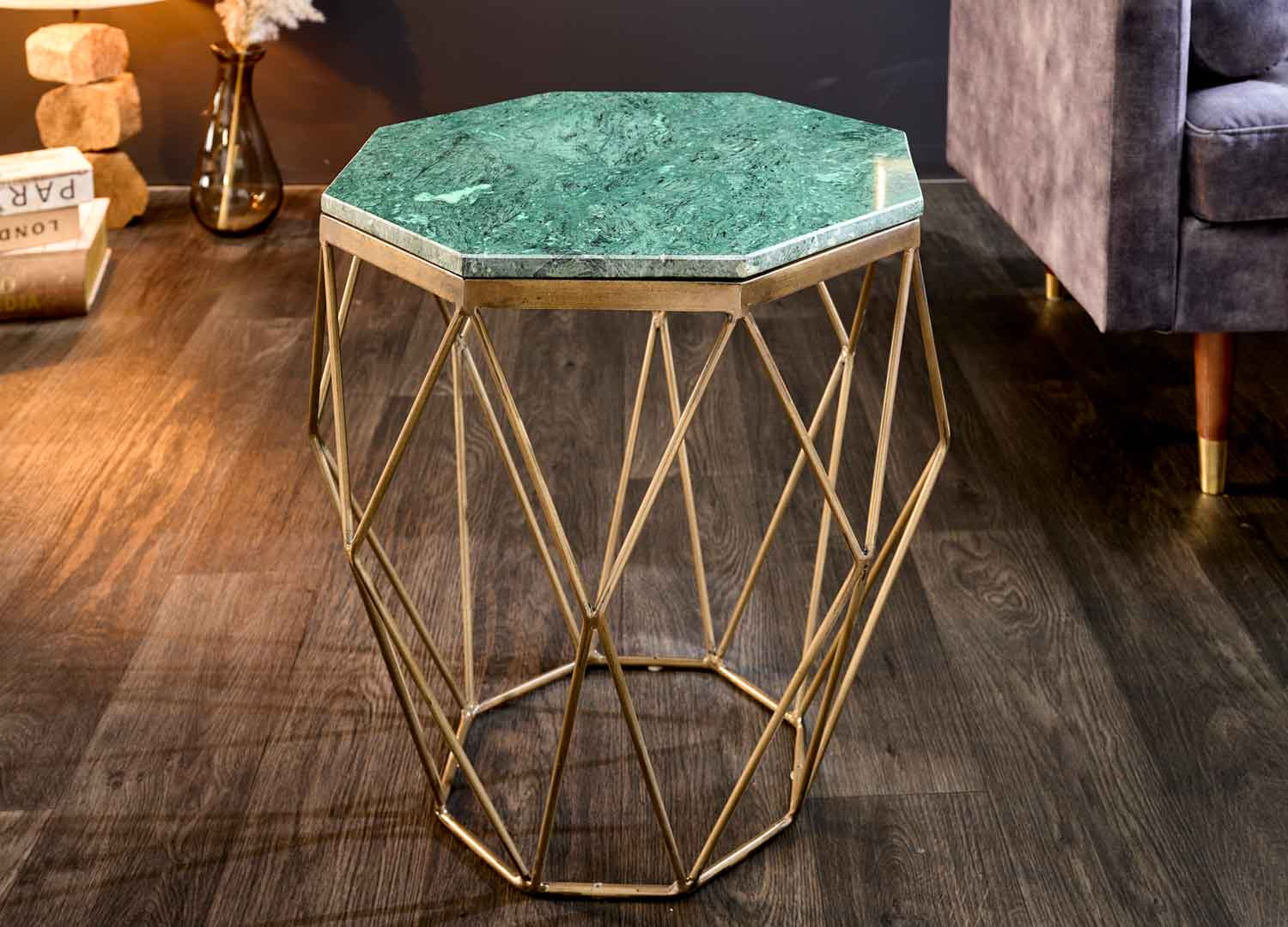 Table basse de salon fer doré et marbre vert