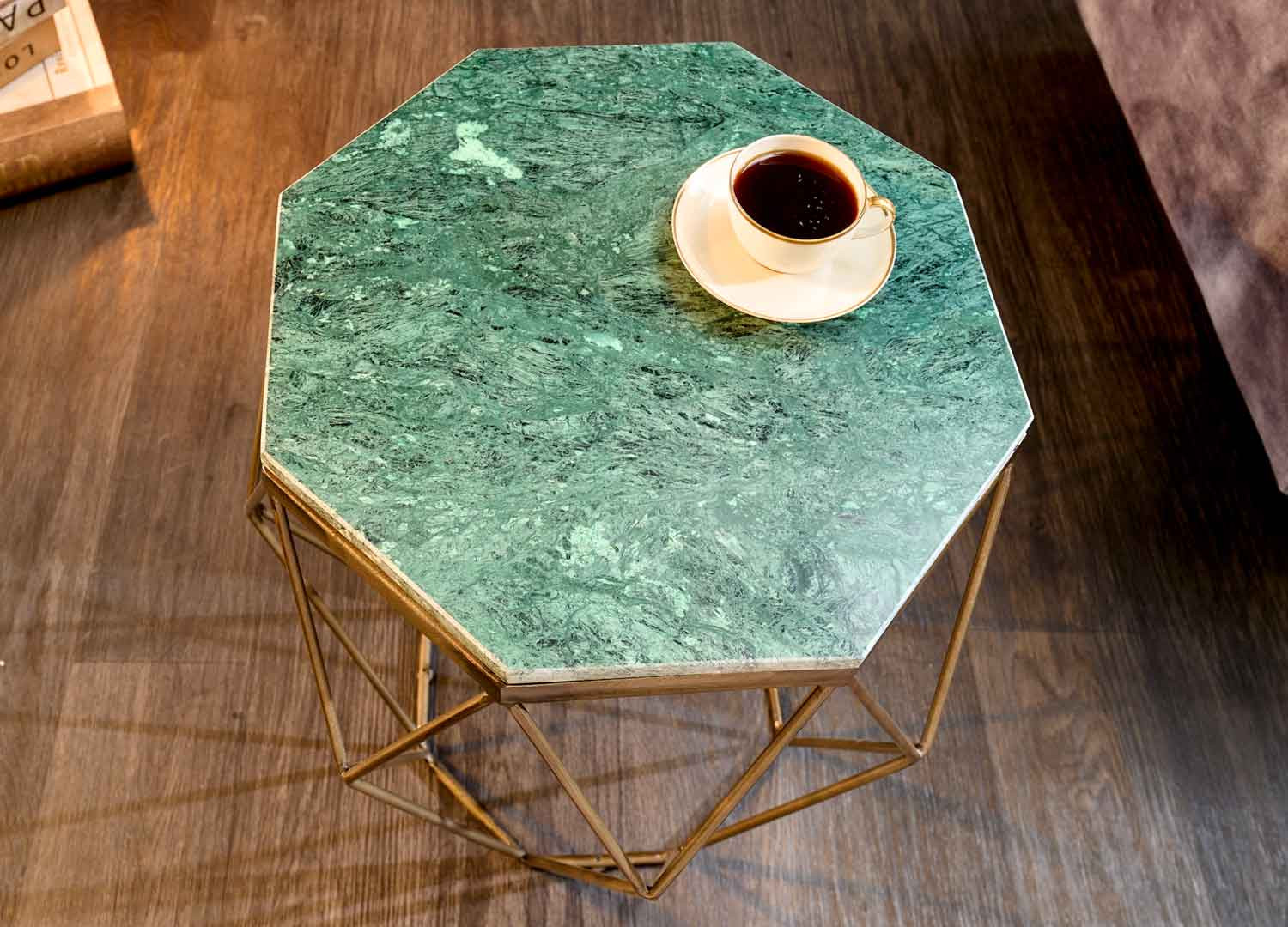 Table basse de salon fer doré et marbre vert