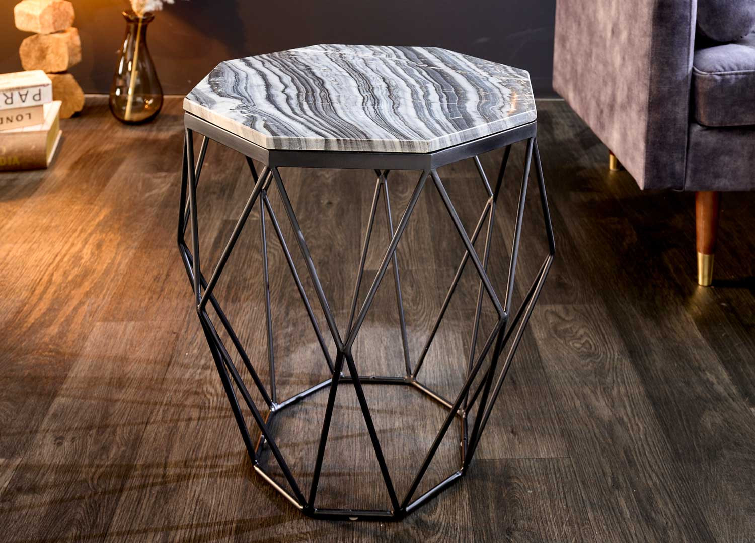 Table basse de salon fer noir et marbre gris