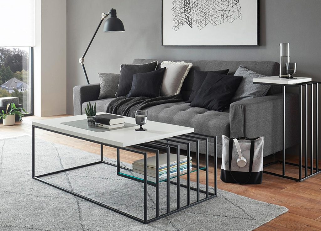 Table basse design blanc laqué mat et métal noir