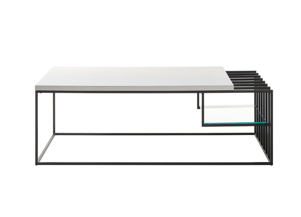 Table basse design blanc laqué mat et métal noir