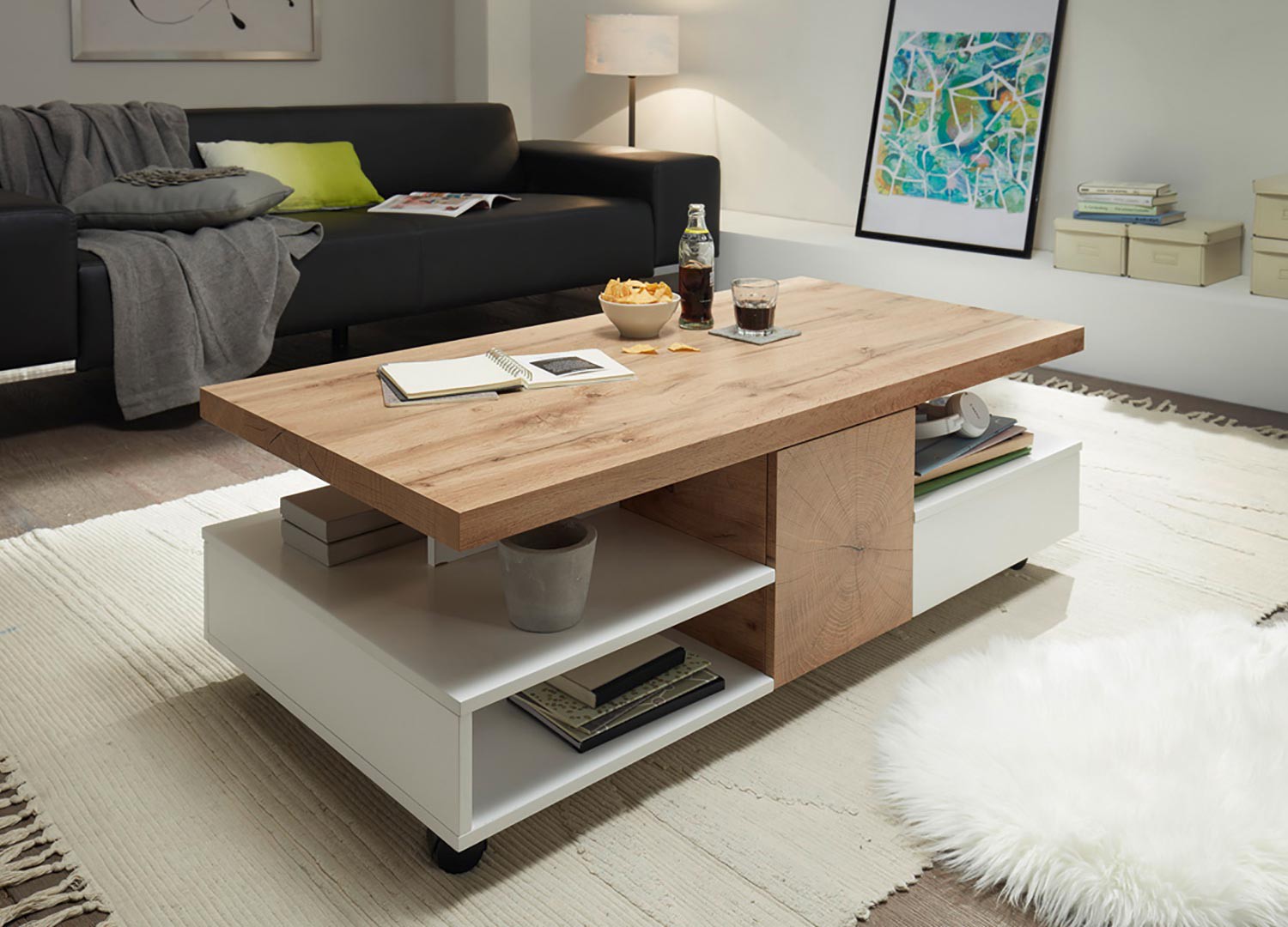 Table basse design rectangulaire 2 portes et 2 tiroirs sur roulettes