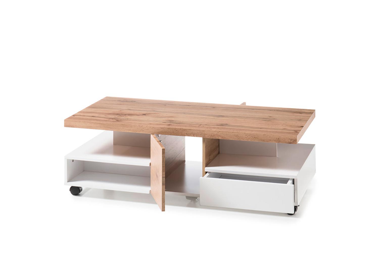 Table basse design rectangulaire 2 portes et 2 tiroirs sur roulettes