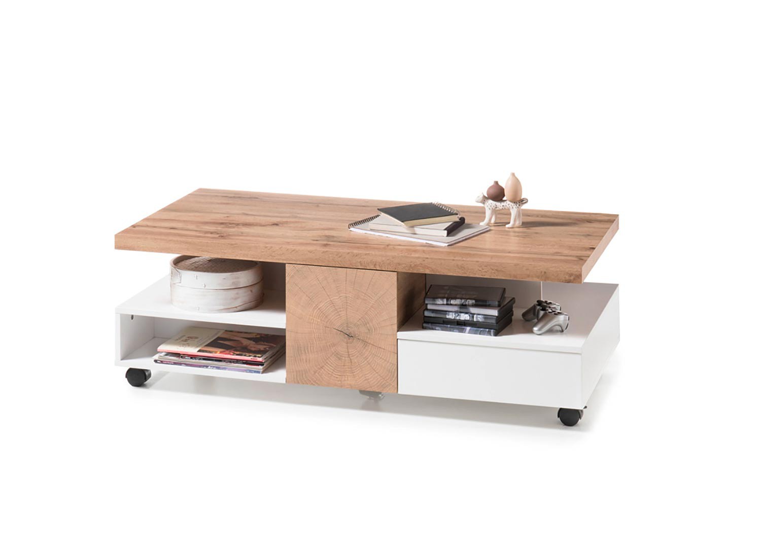 Table basse design rectangulaire 2 portes et 2 tiroirs sur roulettes
