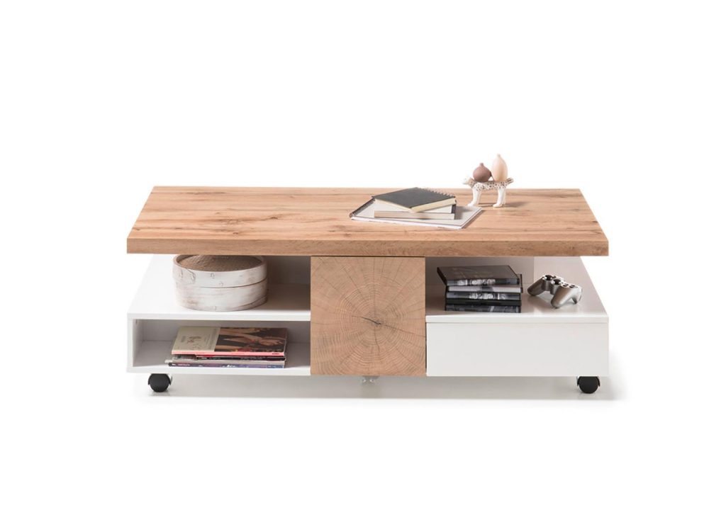 Table basse design rectangulaire 2 portes et 2 tiroirs sur roulettes