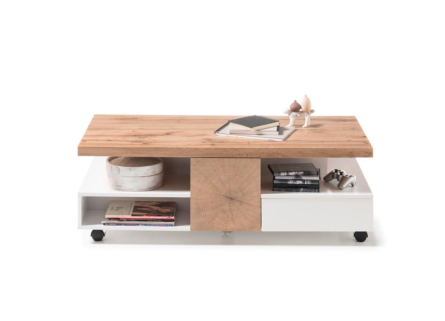 Table basse design rectangulaire 2 portes et 2 tiroirs sur roulettes