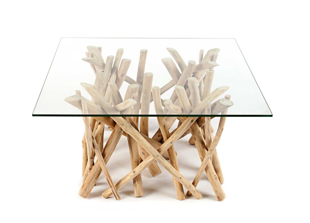 Table basse en bois flotté avec plateau en verre carré