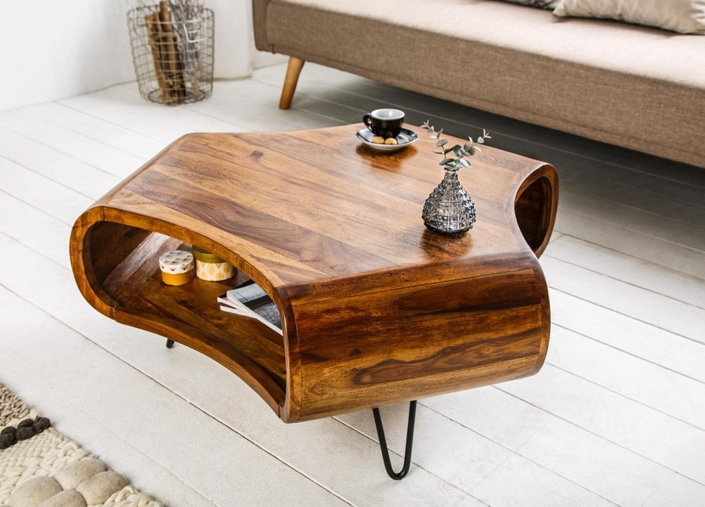 Table basse en bois sesham et pied épingle