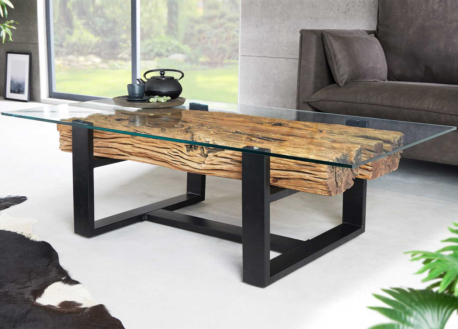 Table basse en verre et teck 130 cm