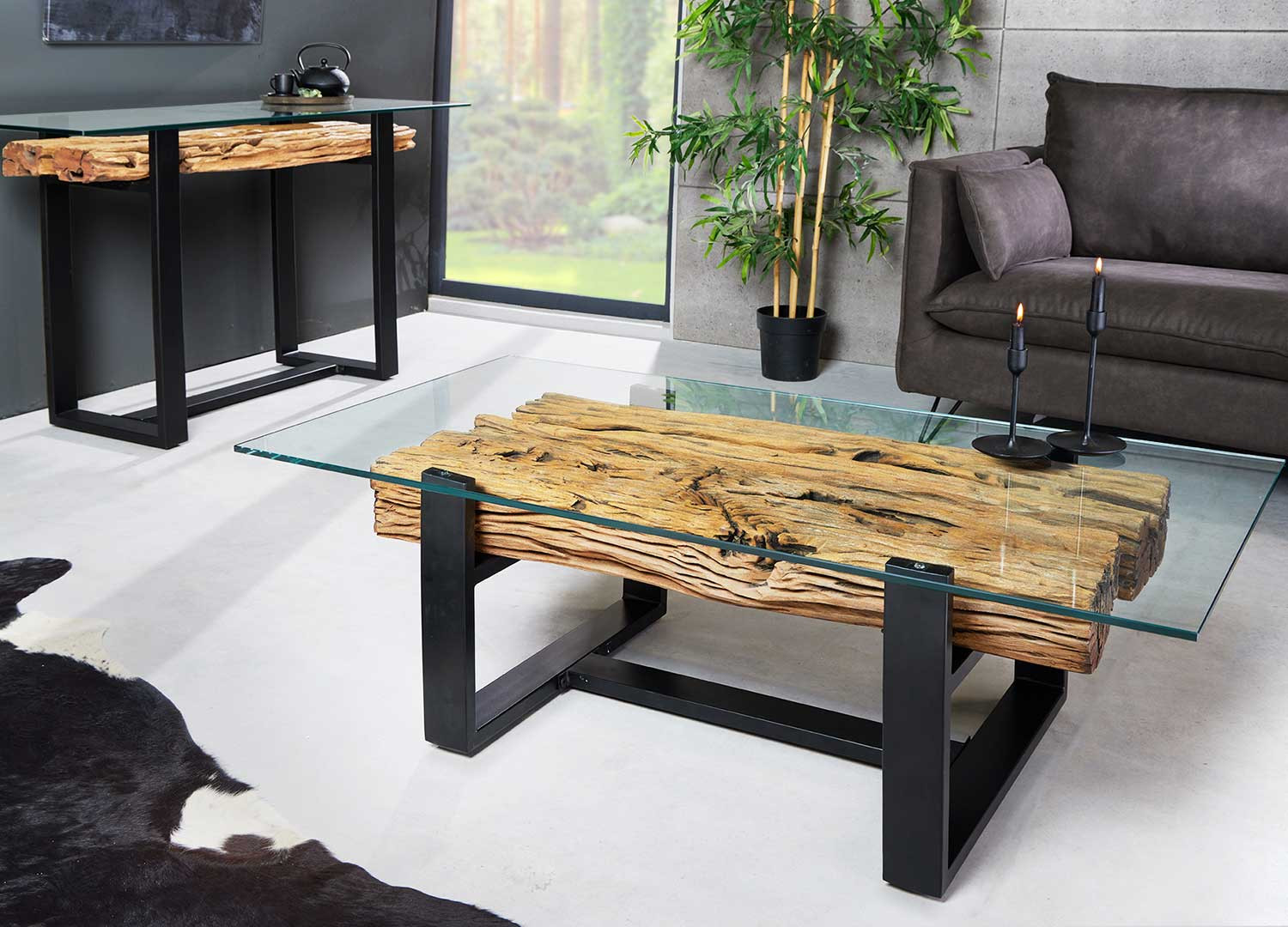 Table basse en verre et teck 130 cm