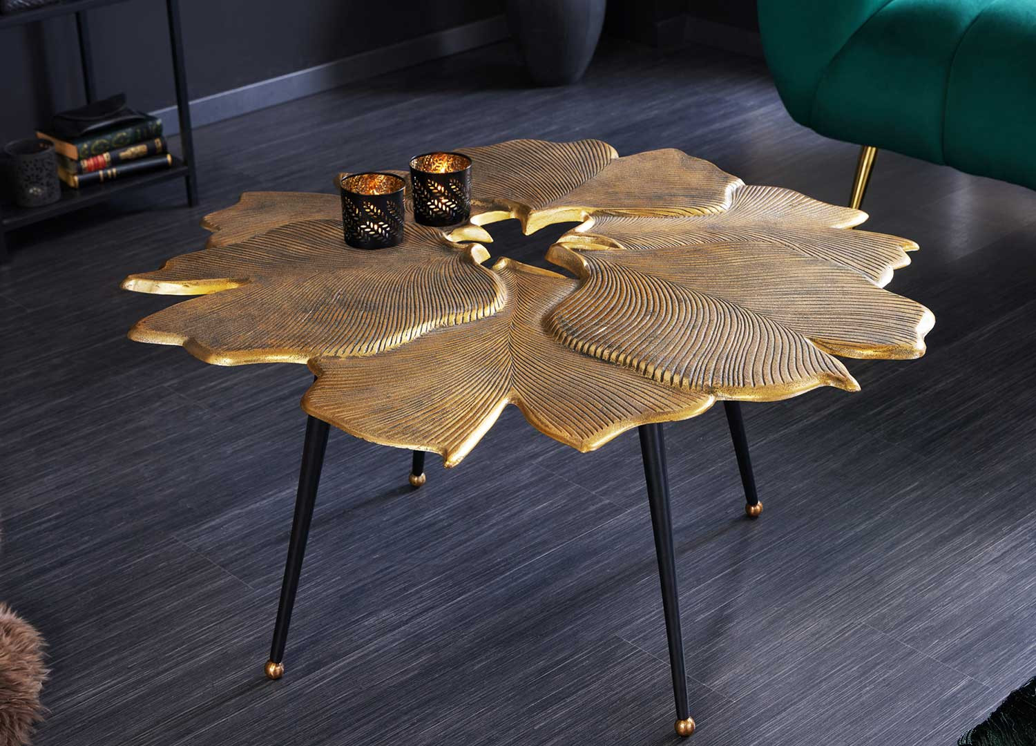 Table basse feuille de ginkgo en métal doré et pieds noir
