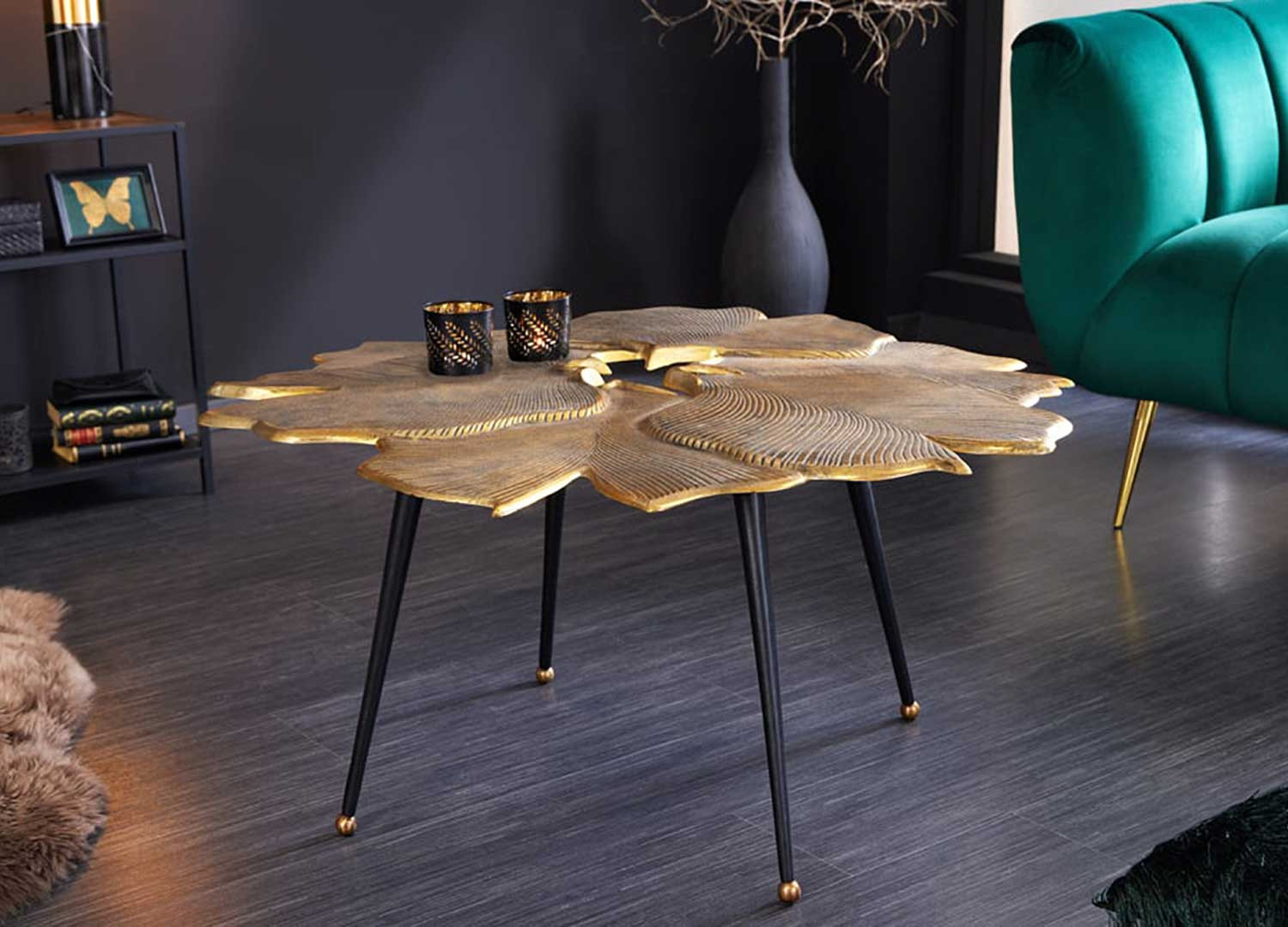 Table basse feuille de ginkgo en métal doré et pieds noir