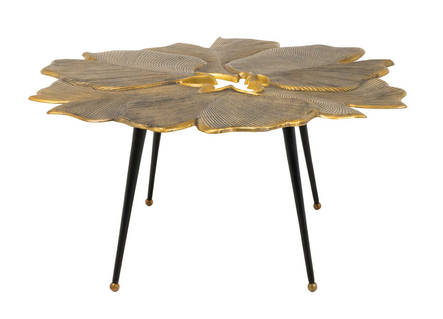 Table basse feuille de ginkgo en métal doré et pieds noir