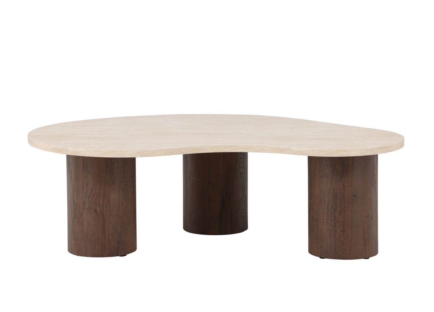 Table basse ovale Megg effet travertin beige 130 cm sur fond blanc