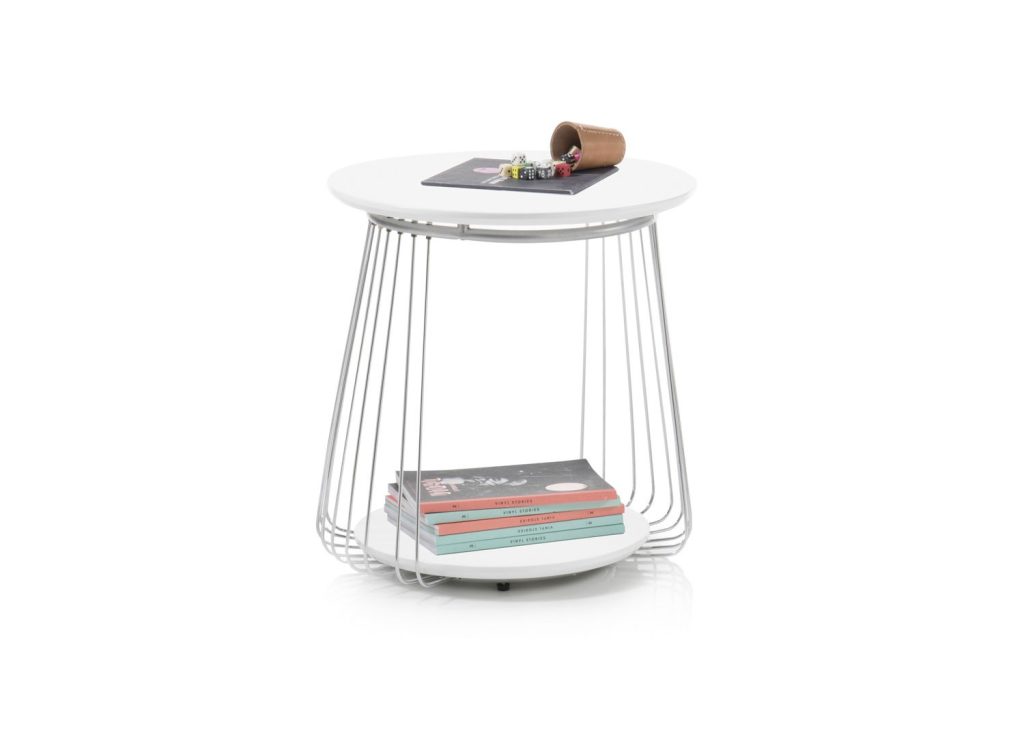 Table basse moderne blanc laqué mat et métal chromé