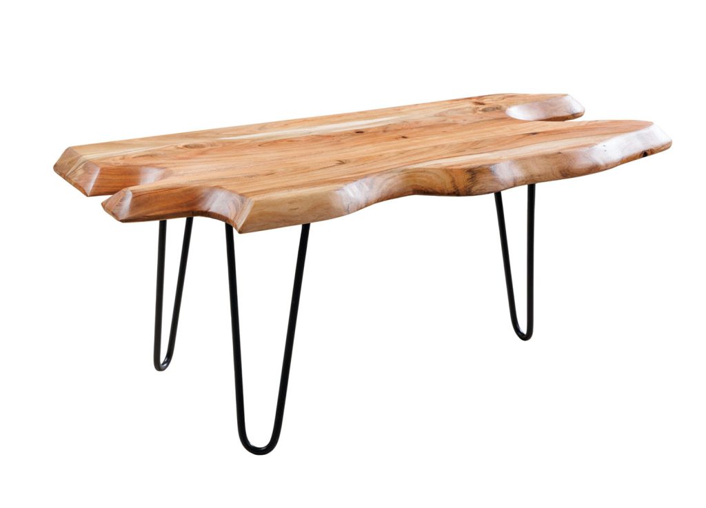Table basse originale bois d'acacia et pied épingle en métal noir